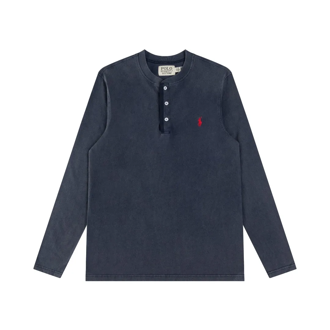 P196 R85 Ralph Lauren five-color washed heavy-duty brushed henley stand-up collar open chest long-sleeved bottoming shirt thin sweatshirt fabric 100% Xinjiang long-staple cotton, imported embroidered logo on the chest custom threaded collar, classic embroidery, the highest version, suitable for business and leisure daily use! 🌘3-button placket, laser logo pearlescent resin buttons, cuffs and hem are double-stitched, different from the currency version. Washed and distressed, sand-washed and stir-fried. Color: White, Black, Navy Blue, Army Green, Gray Size: S M L XL Length: 69/70/72/75 Bust: 102/108/116/124 Shoulder width: 43/45/47/49 Recommended weight: 100-120/120-140/140-160/160-180 pounds